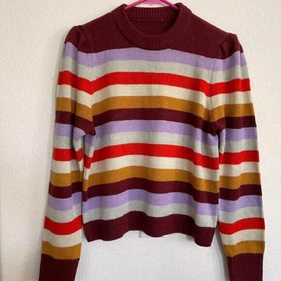 WAYF Striped Puff Sleeve Crew Neck Long Sleeve Sweater - Picture 3 of 6
